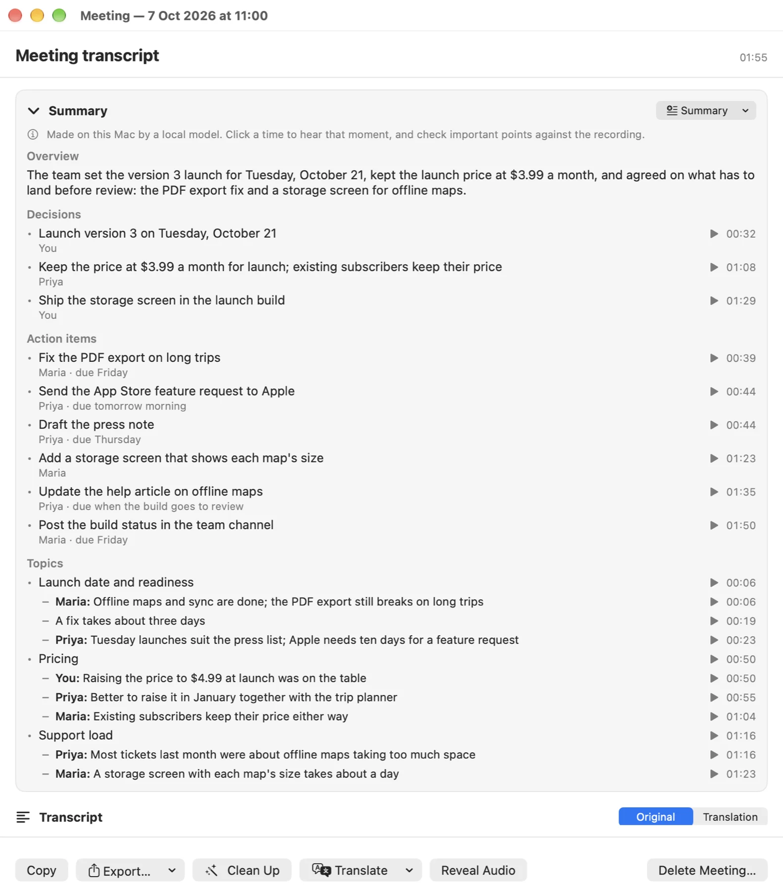 Galdr meeting window: a summary with an overview, decisions, action items with owners and deadlines, and topics, each with a time that plays the moment