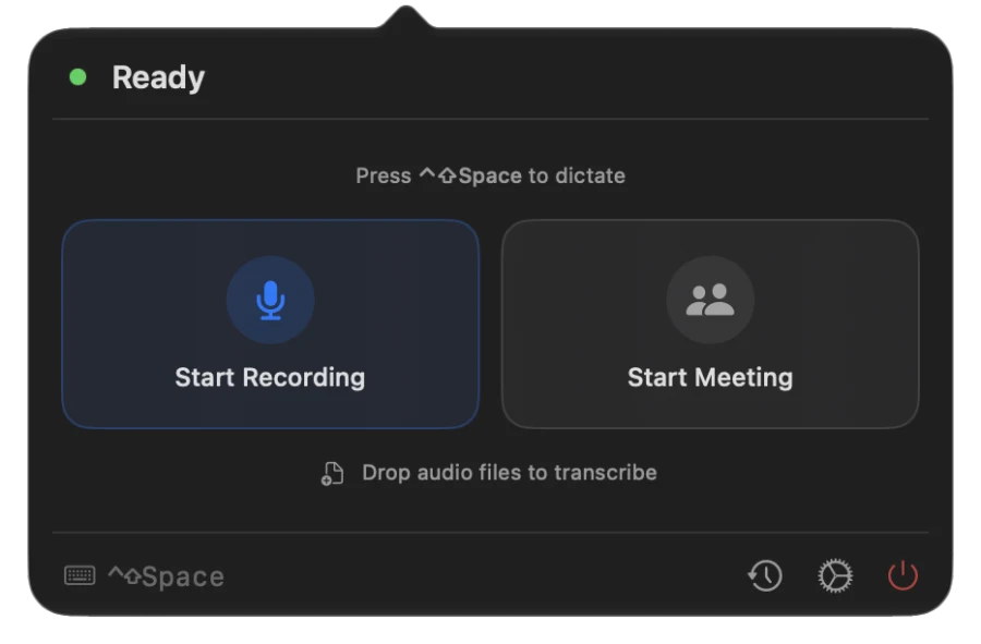Galdr menu bar popover with Start Recording and Start Meeting