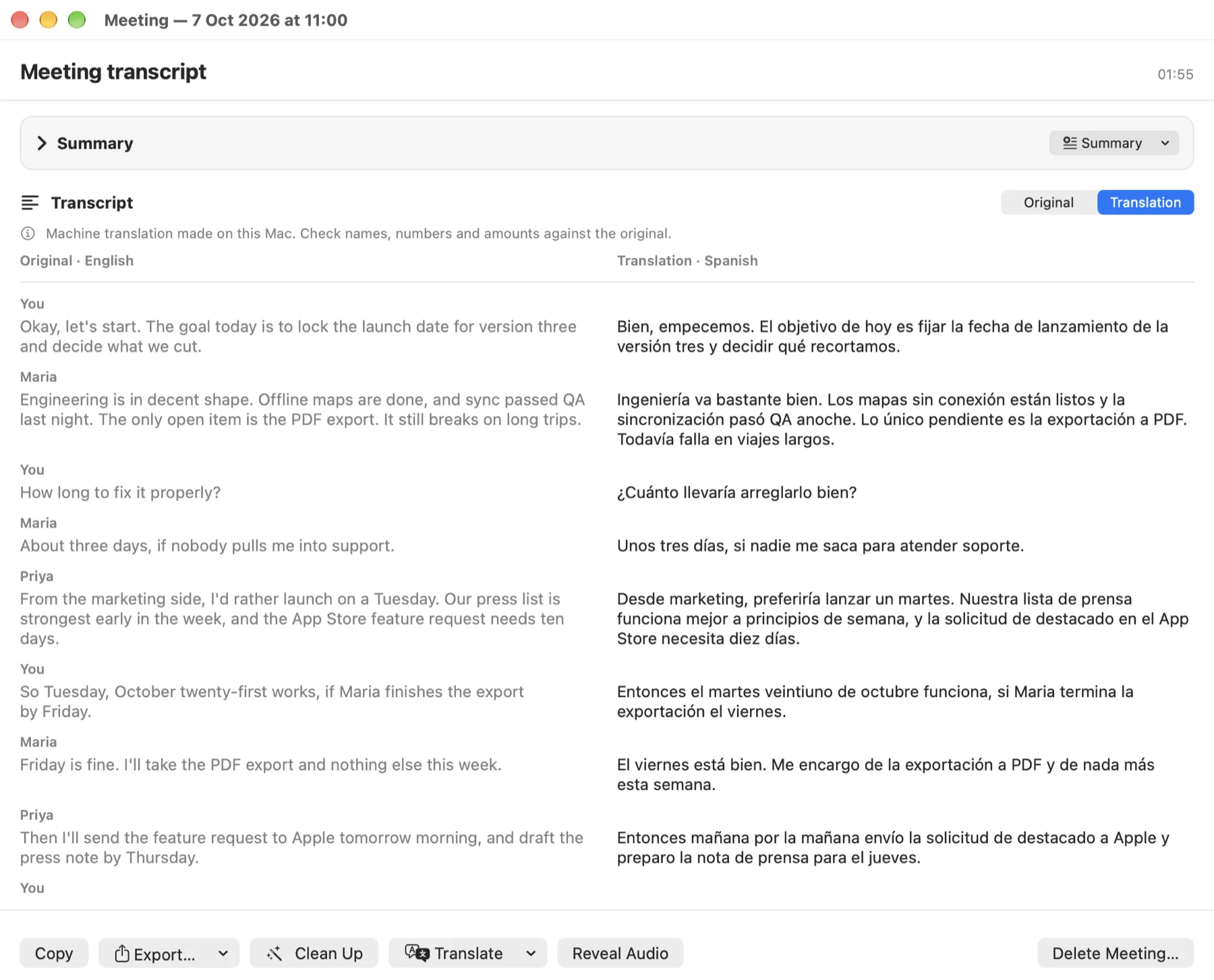 Galdr meeting window showing the transcript in English next to its Spanish translation, turn by turn